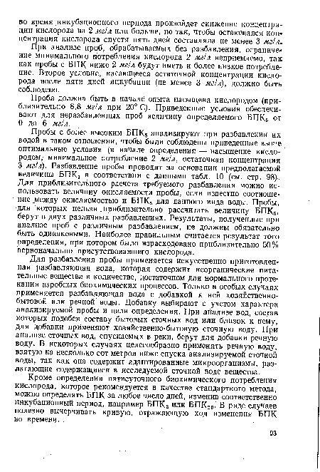 При анализе проб, обрабатываемых без разбавления, ограниче» ние минимального потребления кислорода 2 мг(л неприемлемо, так как пробы с БПК ниже 2 мг/л будут иметь и более низкое потребление. Второе условие, касающееся остаточной концентрации кислорода после пяти дней инкубации (не менее 3 мг/л), должно быть соблюдено.