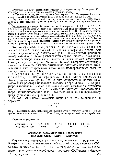 Двуокись хлора, стандартный раствор (приготовление — см. стр. 126). Целесообразно приготовление основного раствора, в 1 мл которого содержится 0,01 мг СЮ,.