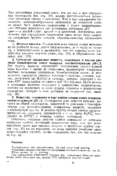 Отделение катионов летучих слабых оснований от катионов нелетучих слабых оснований (аналогично тому, как это рекомендовано выше для анионов летучих и нелетучих слабых кислот, стр. 32) также возможно, но ионы аммония (наиболее часто встречающийся случай), лучше определять так, как это описано на стр. 62.