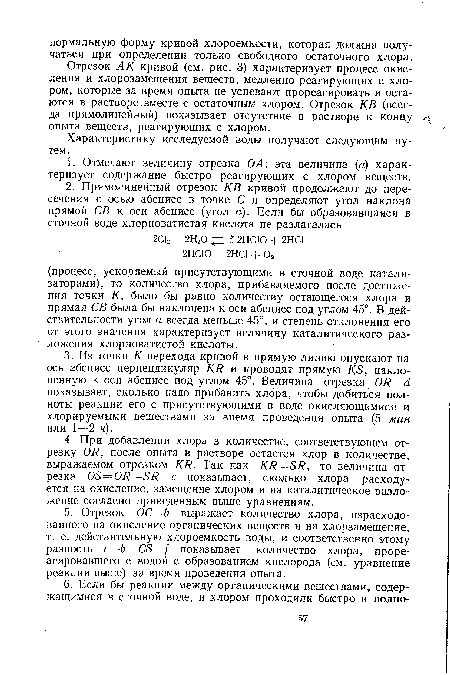 Отрезок АК кривой (см. рис. 3) характеризует процесс окисления и хлорозамещения веществ, медленно реагирующих с хлором, которые за время опыта не успевают прореагировать и остаются в растворе вместе с остаточным хлором. Отрезок КВ (всегда прямолинейный) показывает отсутствие в растворе к концу опыта веществ, реагирующих с хлором.