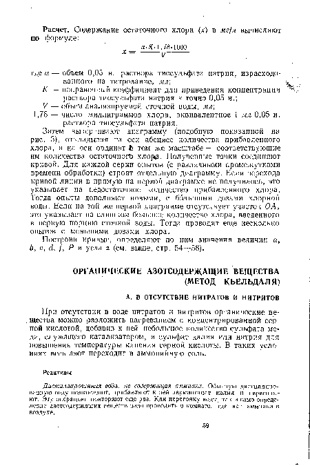 При отсутствии в воде нитратов и нитритов органические вещества можно разложить нагреванием с концентрированной серной кислотой, добавив к ней небольшое количество сульфата меди, служащего катализатором, и сульфат калия или натрия для повышения температуры кипения серной кислоты. В таких условиях весь азот переходит в аммонийную соль.