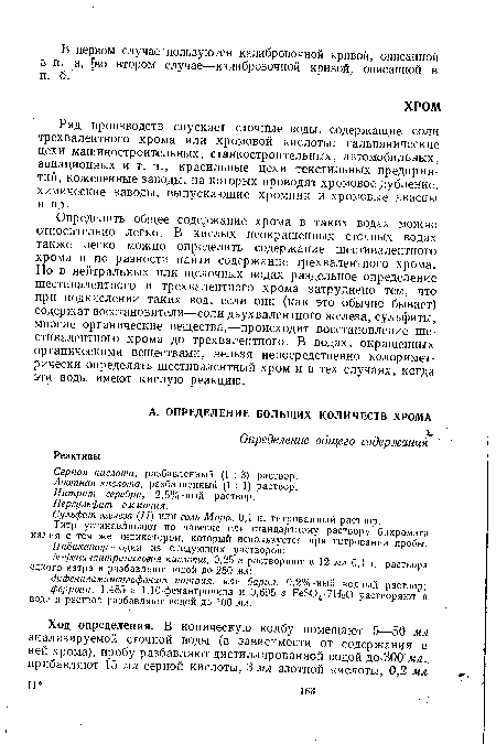 Ряд производств спускает сточные воды, содержащие соли трехвалентного хрома или хромовой кислоты: гальванические цехи машиностроительных, станкостроительных, автомобильных, авиационных и т. п., красильные цехи текстильных предприятий, кожевенные заводы, на которых проводят хромовое дубление, химические заводы, выпускающие хромпик и хромовые квасцы и пр.