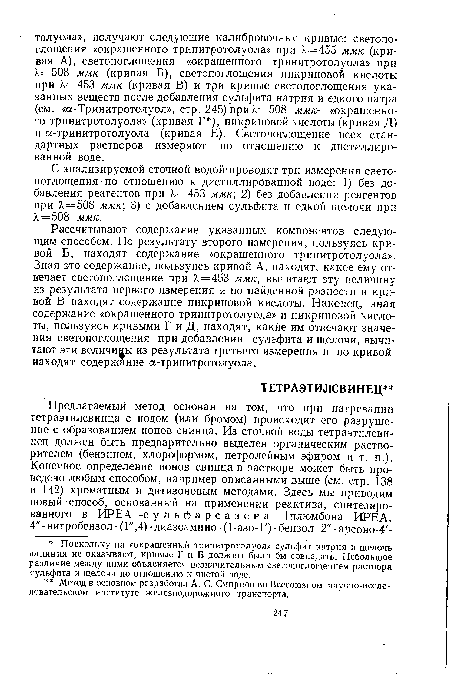 Рассчитывают содержание указанных компонентов следующим способом. По результату второго измерения, пользуясь кривой Б, находят содержание «окрашенного тринитротолуола». Зная это содержание, пользуясь кривой А, находят, какое ему отвечает светопоглощение при 1=453 ммк, вычитают эту величину из результата первого измерения и по найденной разности и кривой В находят содержание пикриновой кислоты. Наконец, зная содержание «окрашенного тринитротолуола» и пикриновой кислоты, пользуясь кривыми Г и Д, находят, какие им отвечают значения светопоглощения при добавлении сульфита и щелочи, вычитают эти величины из результата третьего измерения и по кривой находят содержание а-тринитротолуола.