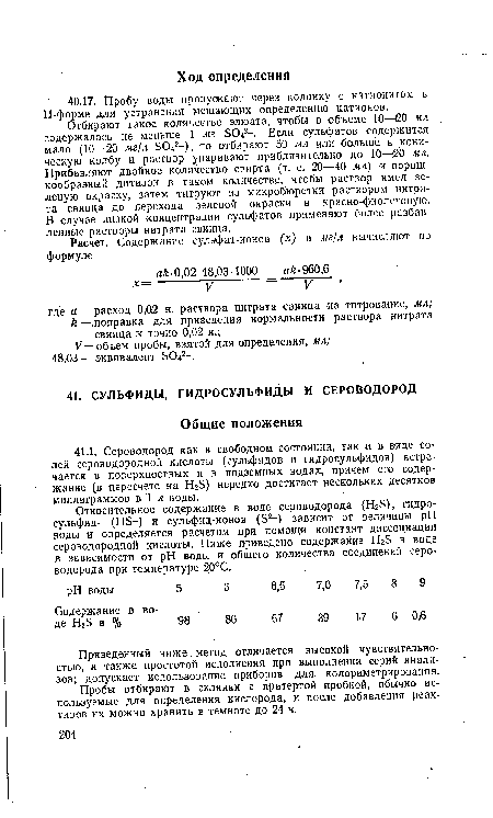 Относительное содержание в воде сероводорода (НгБ), гидросульфид- (НБ-) и сульфид-ионов (¿2-) зависит от величины pH воды и определяется расчетом при помощи констант диссоциации сероводородной кислоты. Ниже приведено содержание Нг5 в воде в зависимости от pH воды и общего количества соединений сероводорода при температуре 20°С.