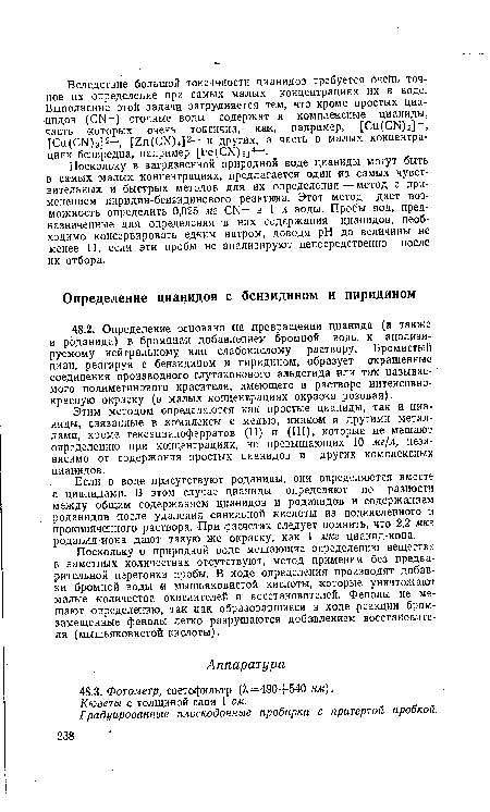 Этим методом определяются как простые цианиды, так и цианиды, связанные в комплексы с медью, цинком и другими металлами, кроме гексацианоферратов (II) и (III), которые не мешают определению при концентрациях, не превышающих 10 мг[л, независимо от содержания простых цианидов и других комплексных цианидов.