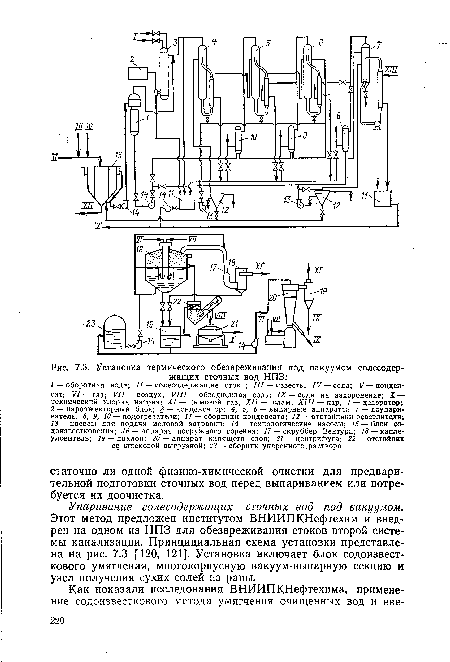 Упаривание солесодержащих сточных вод под вакуумом. Этот метод предложен институтом ВНИИПКНефтехим и внедрен на одном из НПЗ для обезвреживания стоков второй системы канализации. Принцициальная схема установки представлена на рис. 7.3 ¡[120, 121]. Установка включает блок содоизвесткового умягчения, многокорпусную вакуум-выпарную секцию и узел получения сухих солей из рапы.