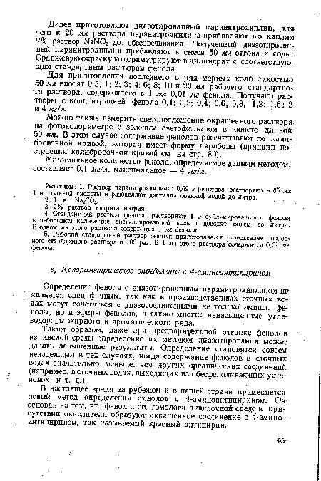 Для приготовления последнего в ряд мерных колб емкостью 50 мл вносят 0,5; 1; 2; 3; 4; 6; 8; 10 и 20 мл рабочего стандартно го раствора, содержащего в 1 мл 0,01 мг фенола. Получают растворы с концентрацией фенола 0,1; 0,2; 0,4; 0,6; 0,8; 1,2; 1,6; 2 и 4 мг/л.