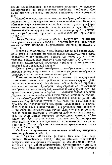 Ионообменники, применяемые в мембране, обычно изготовляют из сополимера стирола и дивинилбензола. Катионообменная группа вводится в такой полимер путем сульфирования концентрированной серной кислотой при 60—70°С. Анионообменная группа вводится в полимер путем прививки хлорметильной группы и аминирования триамином (СНз)з- N.