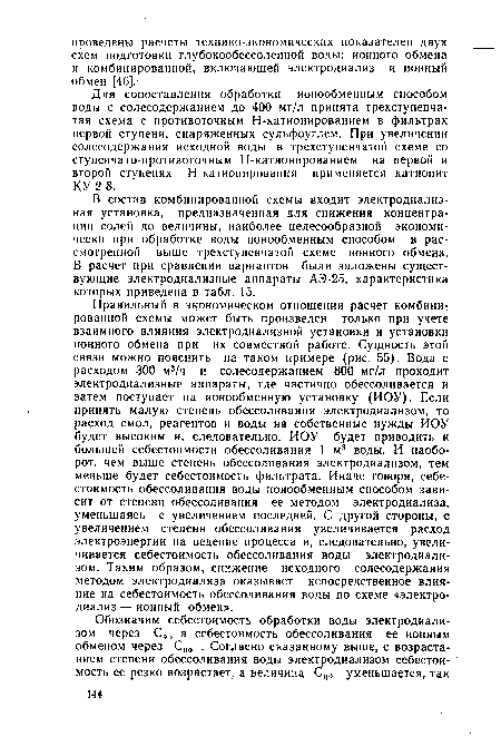 В состав комбинированной схемы входит электродиализ-ная установка, предназначенная для снижения концентрации солей до величины, наиболее целесообразной экономически при обработке воды ионообменным способом в рассмотренной выше трехступенчатой схеме ионного обмена. В расчет при сравнении вариантов были заложены существующие электродиализные аппараты АЭ-25, характеристика которых приведена в табл. 15.