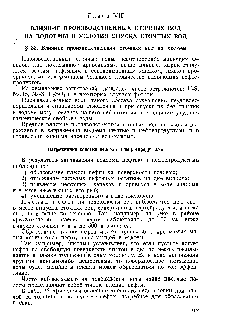 В табл. 13 приведены описание внешнего вида пленки при разной ее толщине и количество нефти, потребное для образования пленки.