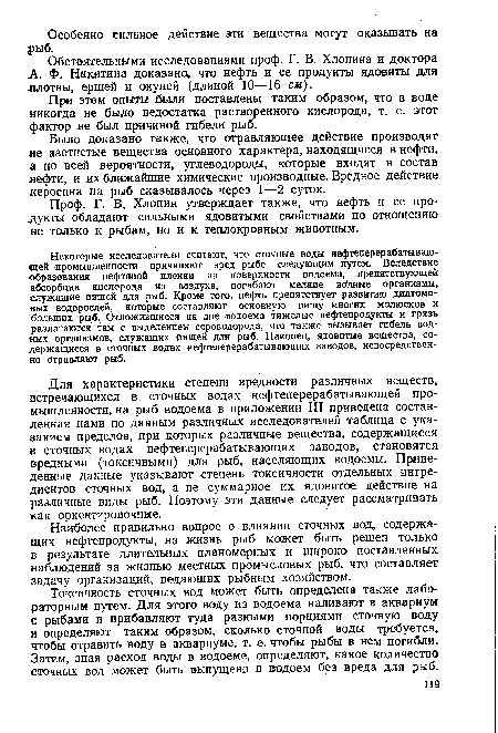 Было доказано также, что отравляющее действие производят не азотистые вещества основного характера, находящиеся в нефти, а по всей вероятности, углеводороды, которые входят в состав нефти, и их ближайшие химические производные. Вредное действие керосина на рыб сказывалось через 1—2 суток.