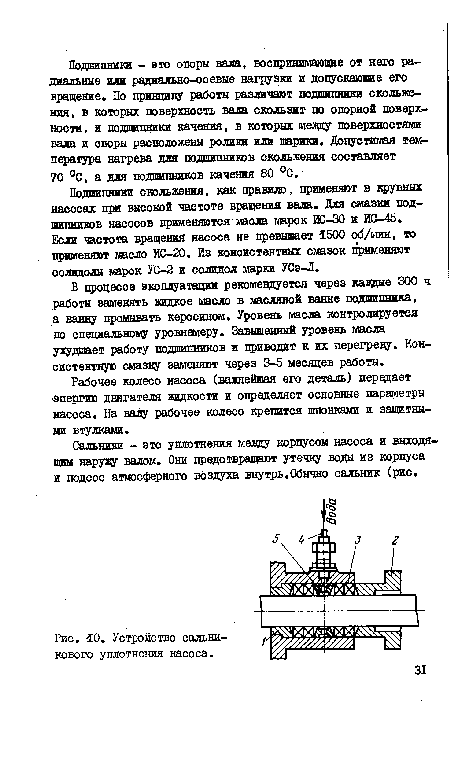 Если частота вращения насоса не превышает 1500 об/мин, то применяют масло ИС-20, Из консистентных сшзок применяют солидолы марок УС-2 и солидол марки УСэ-Л.