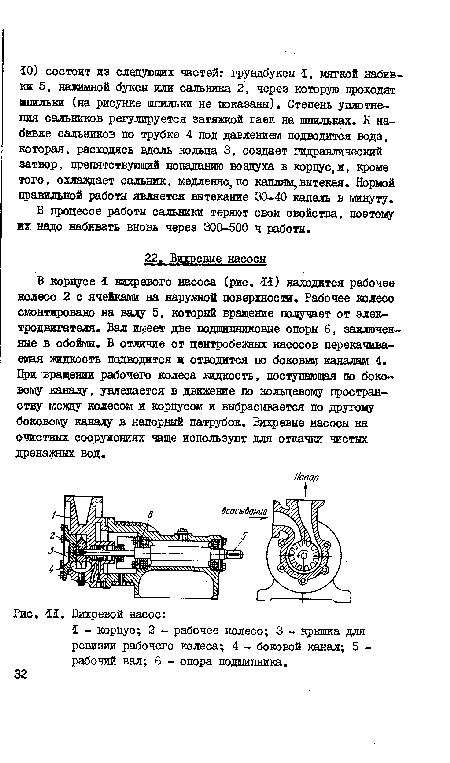 В корпусе I вихревого насоса (рис. II) находится рабочее колесо 2 с ячейками на наружной поверхности. Рабочее колесо смонтировано на валу 5, который вращение подучает от электродвигателя. Вал тлеет две подшипниковые опоры 6, заключенные в обоймы. В отличие от центробежных насосов перекачивав ешя жидкость подводится и отводится по боковым каналам 4. При вращении рабочего колеса жидкость, поступающая по боковому каналу, увлекается в движение по кольцевому пространству меяду колесом и корпусом и выбрасывается по другому боковому каналу в напорный патрубок. Вихревые насосы на очистных сооружениях чаще используют для откачки чистых дренажных вод.