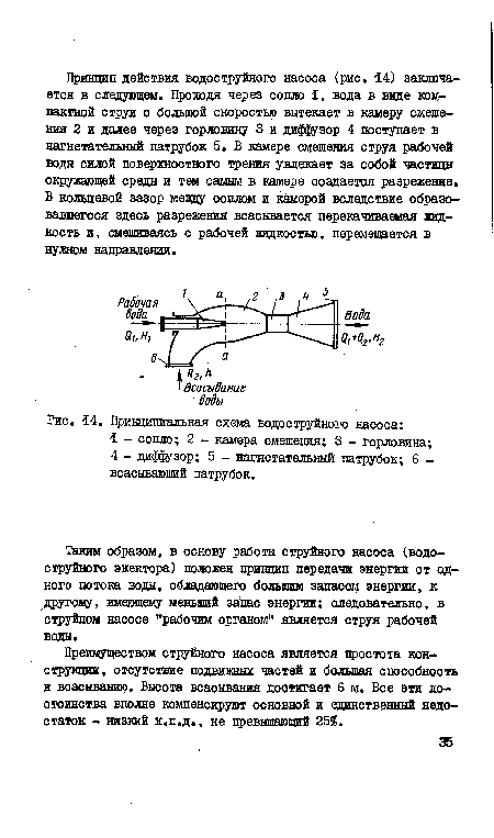 Преимуществом струйного насоса является простота конструкции, отсутствие подвижных частей и большая способность к всасыванию. Высота всасывания достигает 6 м. Все эти достоинства вполне компенсируют основной и единственный недостаток - низкий к.п.д., не превышающий 25%.