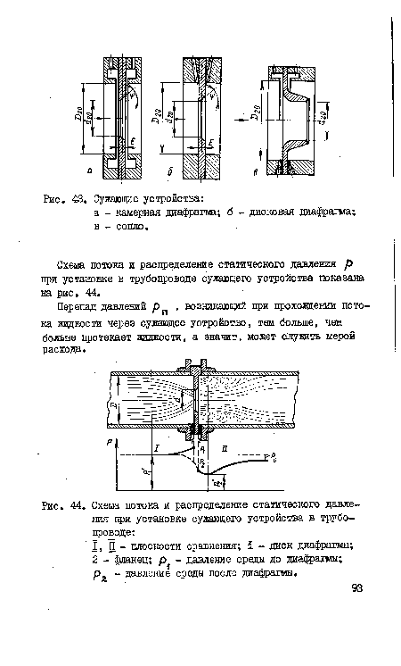 Схема потока и распределение статического давления при установке сужающего устройства в трубопроводе