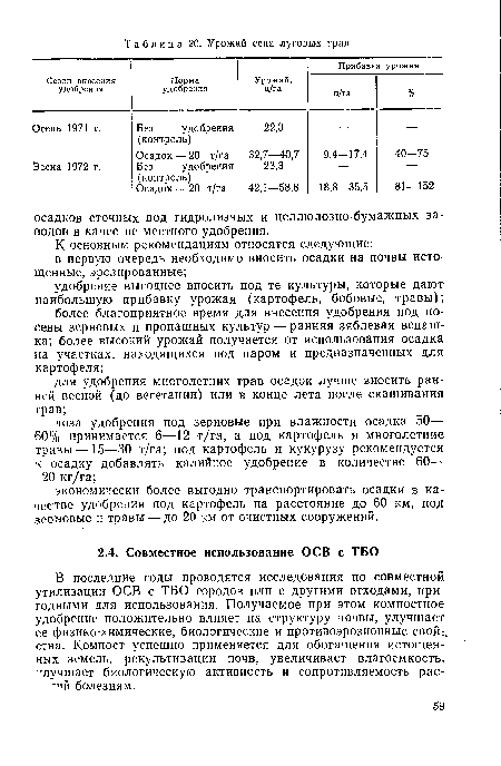 В последние годы проводятся исследования по совместной утилизации ОСВ с ТБО городов или с другими отходами, пригодными для использования. Получаемое при этом компостное удобрение положительно влияет на структуру почвы, улучшает ее физико-химические, биологические и противоэрозионные свой.-, ства. Компост успешно применяется для обогащения истощенных земель, рекультивации почв, увеличивает влагоемкость, лучшает биологическую активность и сопротивляемость рас-•мй болезням.