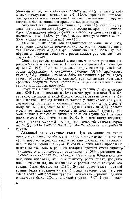 Смесь кормовых дрожжей с активным илом в рационах по-росят-сосунов и отъемышей. Поросята контрольной группы получали 8—10% обычных кормовых гидролизных дрожжей, которые добавлялись к основному рациону (61,7% дробленого ячменя, 8,5% дробленого овса, 3,2% пшеничных отрубей, 17,6% сухого обрата). Поросята опытной группы вместо кормовых дрожжей получали смесь, состоящую из равных частей белви-тамила и кормовых дрожжей.