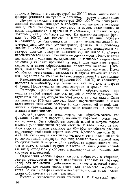 Кислый гудрон из меланжеров, где обрабатывались две фракции (бензин и керосин), по опыту нефтяной промышленности, может быть обработан горячей водой и острым паром в целях удаления части серной кислоты. В этом случае из кислого гудрона можно выделить до 70—80% от общего расхода на очистку свободной серной кислоты. Крепость кислоты 30— 35%- Из меланжеров кислый гудрон поступает в освинцованный разделительный резервуар, где под воздействием горячей или холодной воды и острого пара свободная серная кислота уходит в воду, а кислый гудрон и кислое топливо (выше серной кислоты) отводятся в сборник и расходуются как топливо для корнюра и котельной.