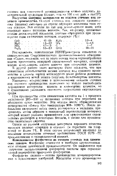 Указанные направления в использовании осадков сточных вод содового производства позволяют не только высвободить дефицитные материалы — известь и клинкерные цементы, но и существенно уменьшить опасность загрязнения окружающей среды.