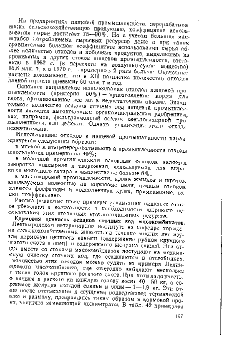 Основное направление использования отходов пищевой промышленности (примерно 50%)—приготовление корма для скота, организованное все же в недостаточном объеме. Значительное количество осадков сточных вод пищевой промышленности является высокоценным органоминеральным удобрением, как, например, фильтрационный осадок свеклосахарной промышленности, или дефекат. Однако утилизация этого отхода незначительна.