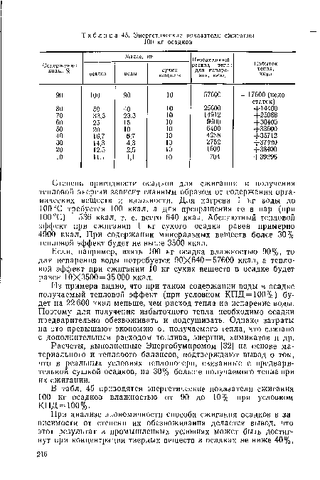 В табл. 45 приводятся энергетические показатели сжигания 100 кг осадков влажностью от 90 до 10% при условном КПД =100%.