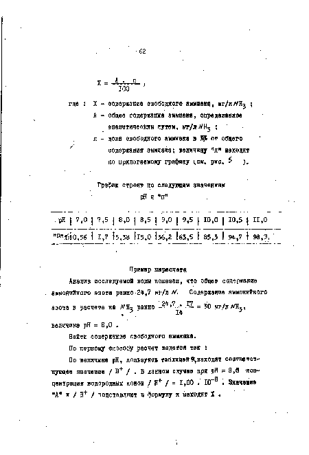 По величине pH, пользуясь таблицей9,находят соответствующее значение / Н+ / . в данном случае при pH = 8,0 концентрация водородных ионов / Н+ / = 1,00 . Ю-8 . Значение "А" и / Н+ / подставляют в формулу и находят X .