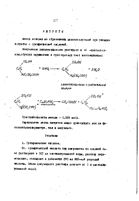 Метод основав ва образовании ддазосо еда нений при реакции нитритов с сульфаниловой кислотой.