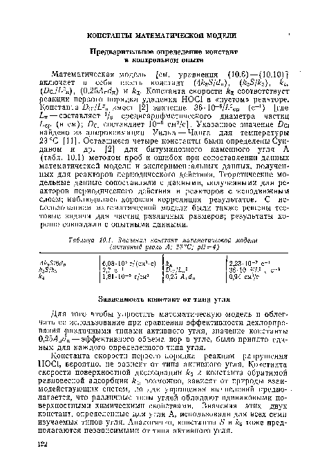 Значения констант математической модели (активный уголь А; 23 °С; pH=4)