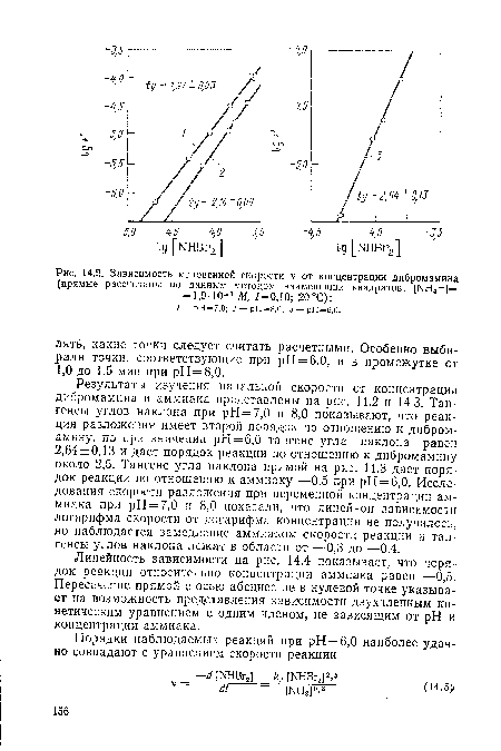Зависимость мгновенной скорости V от концентрации дибромамина (прямые рассчитаны по данным методом наименьших квадратов; [КН4+] = = 1,9 • 10—3 М, 7=0,10; 20 °С)