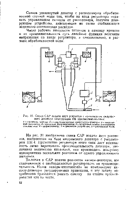 Схема САР подачи двух реагентов с применением импульс  ного дозатора конструкции КБ Цветметавтоматика