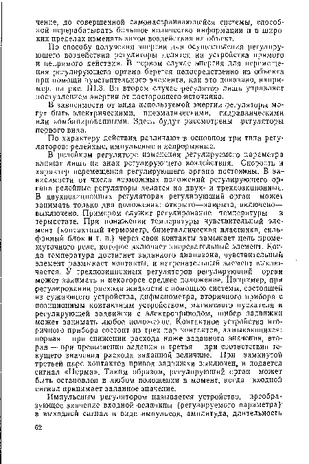 По характеру действия различают в основном три типа регуляторов: релейные, импульсные и непрерывные.