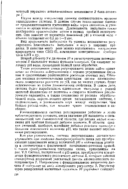 Второй pH-метр 9 с датчиком 10 и регистрирующим потенциометром 8 выполняет только функции контроля. Он измеряет величину pH воды, прошедшей полный цикл обработки.