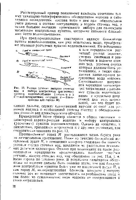 Разные условия выпуска сточных вод и выбора контрольных (¡расчетных) пунктов водопользования (ситуации а и б — неблагоприятные; ситуация в — благоприятна для города М)