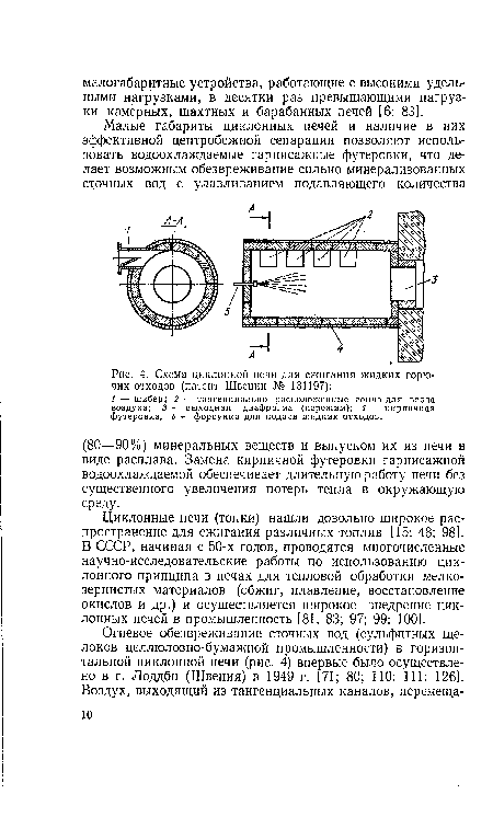 Схема циклонной печи для сжигания жидких горючих отходов (патент Швеции № 131197)