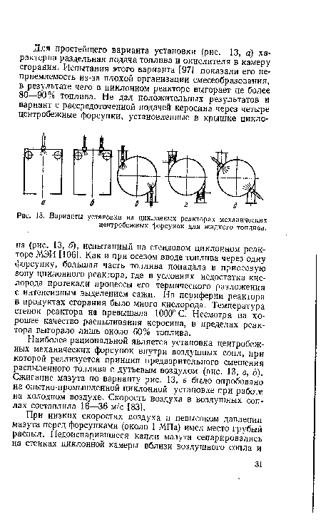 Варианты установки на циклонных реакторах механических центробежных форсунок для жидкого топлива.