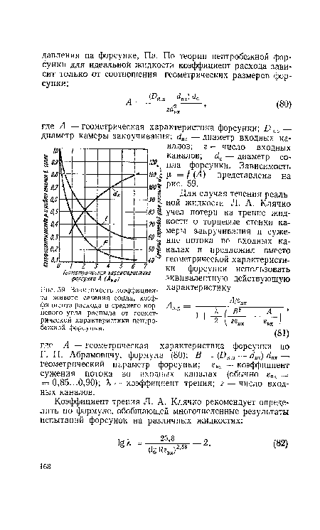 Зависимость коэффициента живого сечения сопла, коэффициента расхода и среднего корневого угла распыла от геометрической характеристики центробежной форсунки.