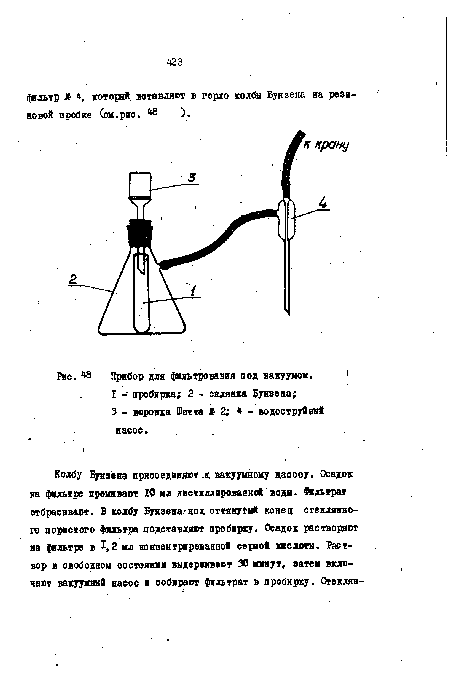 Прибор для фильтрования под вакуумом. 1 I - пробирка; 2 - склянка Бунзена;