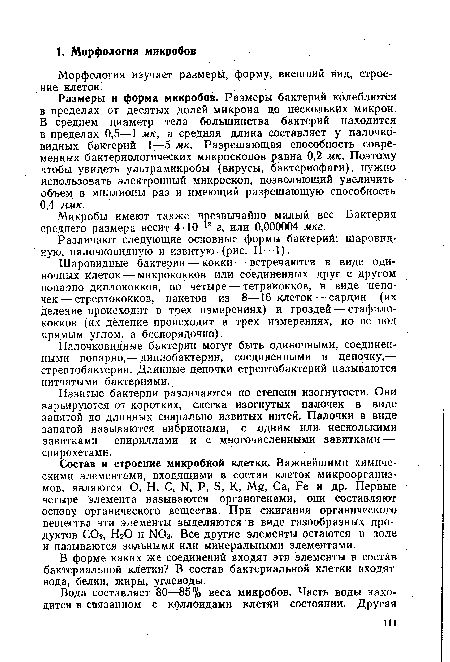 Шаровидные бактерии — кокки — встречаются в виде одиночных клеток — микрококков или соединенных друг с другом попарно диплококков, по четыре — тетракокков, в виде цепочек— стрептококков, пакетов из 8—16 клеток — сарцин (их деление происходит в трех измерениях) и гроздей — стафилококков (их деление происходит в трех измерениях, но не под прямым углом, а беспорядочно).