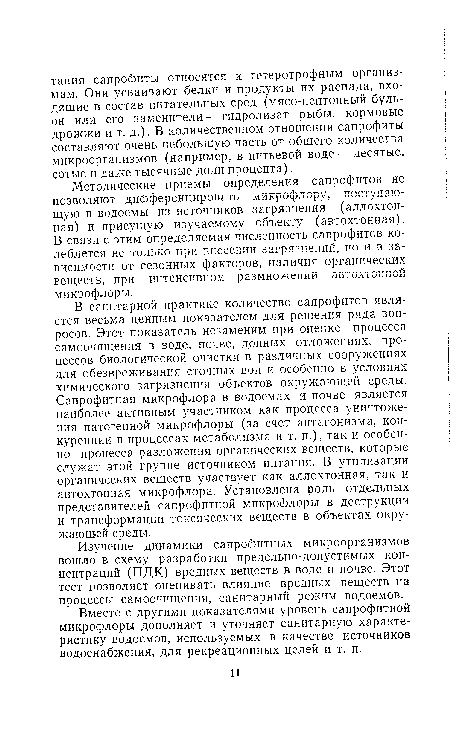 Методические приемы определения сапрофитов не позволяют дифференцировать микрофлору, поступающую в водоемы из источников загрязнения (аллохтон-пая) и присущую изучаемому объекту (автохтонная). В связи с этим определяемая численность сапрофитов колеблется не только при внесении загрязнений, но и в зависимости от сезонных факторов, наличия органических веществ, при интенсивном размножении автохтонной микрофлоры.