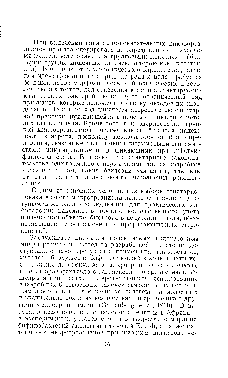 Одним из основных условий при выборе санитарно-показательиого микроорганизма являются простота, доступность методов его индикации для практических лабораторий, надежность точного количественного учета в изучаемом объекте, быстрота в получении ответа, обеспечивающая своевременность профилактических мероприятий.