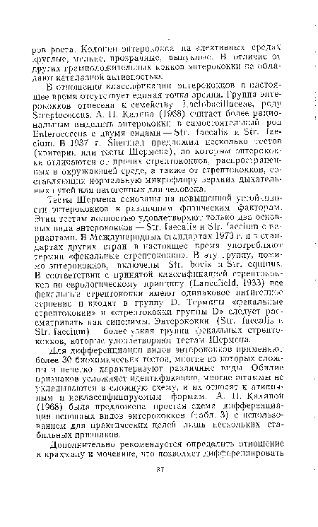 Для дифференциации видов энтерококков применяют более 30 биохимических тестов, многие из которых сложны и нечетко характеризуют различные виды. Обилие признаков усложняет идентификацию, многие штаммы не укладываются в сложную схему, и их относят к атипичным и неклассифицируемым формам. А. П. Калиной (1968) была предложена простая схема дифференциации основных видов энтерококков (табл. 3) с использованием для практических целей лишь нескольких стабильных признаков.