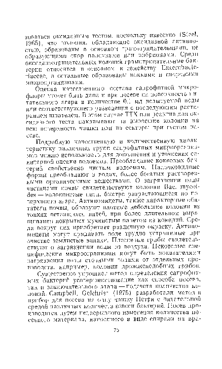 Оценка качественного состава сапрофитной микрофлоры может быть дана и при посеве на поверхность питательного агара в количестве 0,1 мл испытуемой воды или соответствующего разведения с последующим растиранием шпателем. В этом случае ТТХ или реактив для ок-сидяяного теста накапывают на выросшие колонии на всю поверхность чашки или на секторы при густом по-севе.