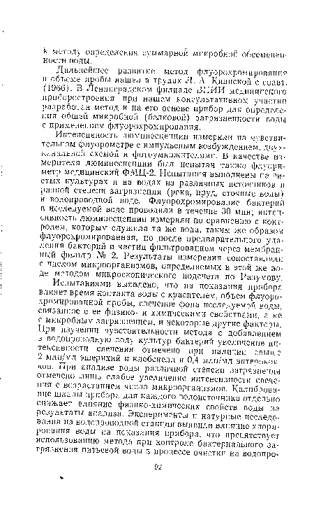 Дальнейшее развитие метод флуорохромирования в объеме пробы нашел в трудах Л. А. Киянской с соавт. (1966). В Ленинградском филиале ВНИИ медицинского приборостроения при нашем консультативном участии разработан метод и на его основе прибор для определения общей микробной (белковой) загрязненности воды с применением флуорохромирования.