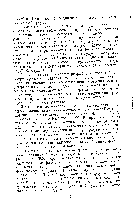 Наилучшие результаты получены при применении красителя коричневого основного, ранее неизвестного в качестве гасителя люминесценции. Коричневый основной дает черно-коричневый фон при люминесцентной микроскопии, устойчив к действию ультрафиолетовых лучей, хорошо связывается с фильтром, равномерно его окрашивает, не разрушает материал фильтра. Гасящие свойства не распространяются на флуорохромируемые объекты. Разработанный способ гашения люминесценции мембранных фильтров позволяет обрабатывать фильтры заранее и длительно их хранить в темноте (Т. 3. Артемова, Л. Е. Корш, 1973).