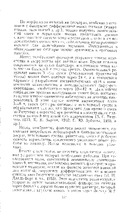 Метод мембранных фильтров весьма экономичен, сокращает потребность лабораторий в бактериологической посуде, питательных средах, реактивах, число и рабочую емкость термостатов, существенно уменьшает объем работы ио анализу. Метод незаменим в полевых условиях.