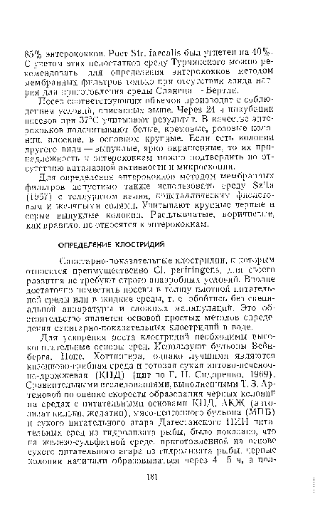 Санитарно-показательные клостридии, к которым относится преимущественно CI. perfringens, для своего развития не требуют строго анаэробных условий. Вполне достаточно поместить посевы в толщу плотной питательной среды или в жидкие среды, т. е. обойтись без специальной аппаратуры и сложных манипуляций. Это обстоятельство является основой простых методов определения санитарно-показательных клостридий в воде.