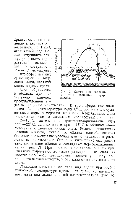 Схема возникновения и роста снежинки внутри облака.