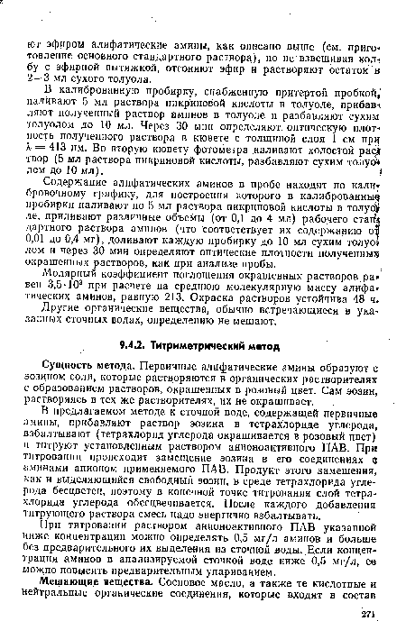 В предлагаемом методе к сточной воде, содержащей первичные амины, прибавляют раствор эозина в тетрахлориде углерода, взбалтывают (тетрахлорид углерода окрашивается в розовый цвет) и титруют установленным раствором анионоактивного ПАВ. При титровании происходит замещение эозина в его соединениях Q аминами анионом применяемого ПАВ. Продукт этого замещения, как и выделяющийся свободный эозин, в среде тетрахлорида углерода бесцветен, поэтому в конечной точке титрования слой тетрахлорида углерода обесцвечивается. После каждого добавления титрующего раствора смесь надо энергично взбалтывать.