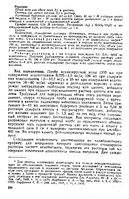 Ход определения-. Пробу анализируемой воды (200 мл при содержании ксантогенатов 0,025—1,0 мг/л; 100 мл при содержании ксантогенатов 1,0—10,0 мг/л и 25 мл при содержании ксантогенатов 10—80 мг/л) переносят в делительную воронку и осторожно нейтрализуют свободную кислоту или щелочь, добавляя по каплям при сильном перемешивании раствор щелочи или кислоты. Требуемый для нейтрализации объем этого раствора определяют, титруя отдельную пробу анализируемой воды с применением в качестве индикатора метилового оранжевого. Затем приливают 5—10 мл ацетатного буферного раствора и 5 мл 0,04 М раствора сульфата никеля и экстрагируют толуолом, добавляя его малыми порциями (по I—1,5 мл) до тех пор, пока толуоль-ный экстракт не станет бесцветным. Все экстракты соединяют, разбавляют толуолом в мерной колбе до определенного объема, переносят весь окрашенный раствор или его часть в кювету с толщиной слоя 2 см и измеряют светопоглощение при X—450— 480 нм. Во вторую кювету фотоколориметра наливают чистый толуол.