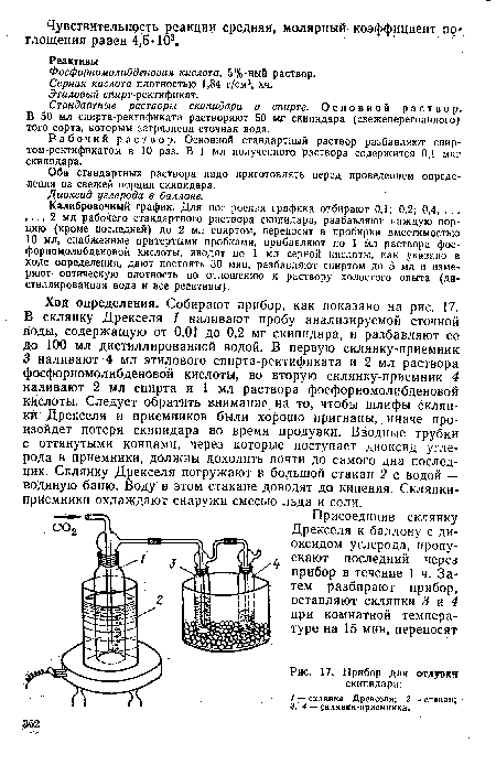 Стандартные растворы скипидара в спирте. Основной раствор. В 50 мл спирта-ректификата растворяют 50 мг скипидара (свежеперегнанного) того сорта, которым загрязнена сточная вода.